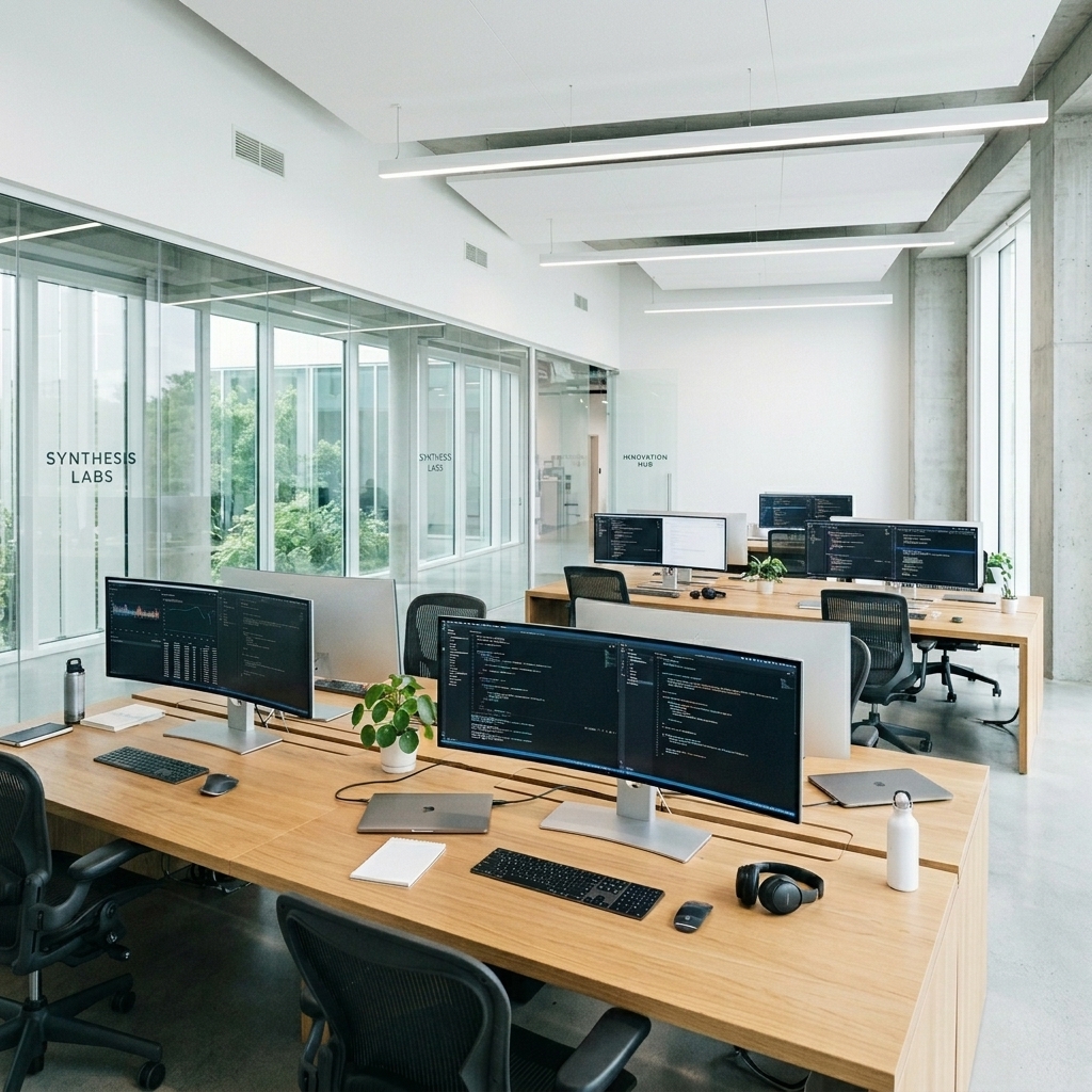 Laboratorio tecnológico minimalista y limpio al estilo de las demostraciones de Apple